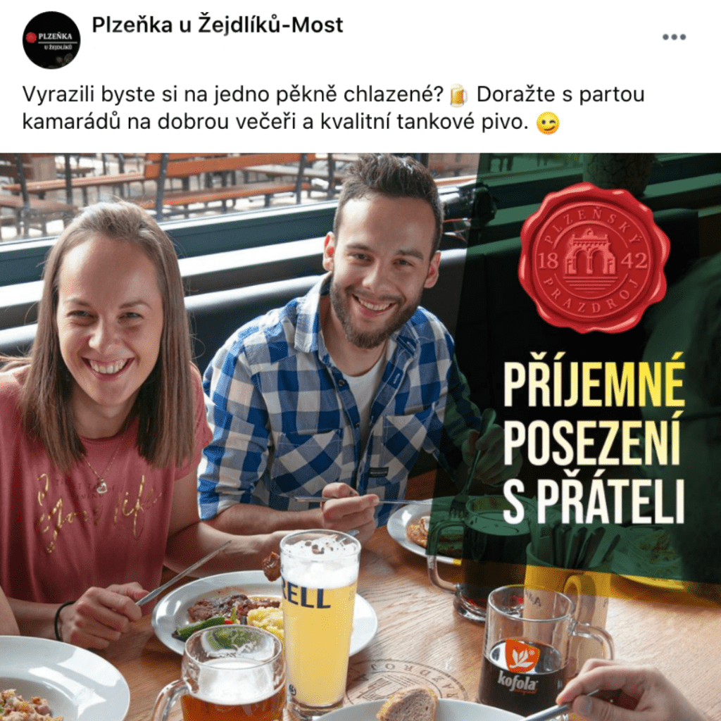 Ukázka reklamního příspěvku restaurace Plzeňka U Žejdlíků propagující příjemné posezení s přáteli, kvalitní českou kuchyni a čepované pivo. Součást marketingové kampaně vytvořené v rámci projektu Daruj den 2020.