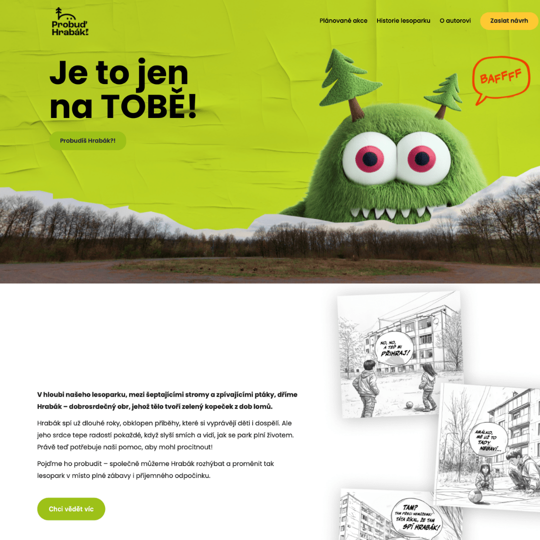 Vizuál landing page Probuď Hrabák, jejímž cílem bylo zapojit veřejnost do plánování budoucnosti Lesoparku Hrabák v Mostě.