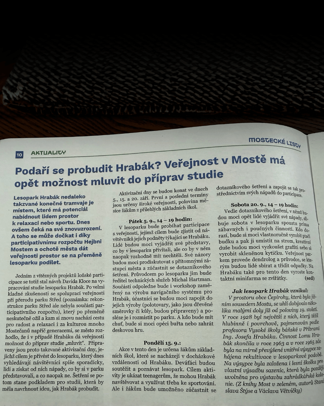 Mostecké noviny v rámci kampaně Probuď Hrabák, jejímž cílem bylo zapojit veřejnost do plánování budoucnosti Lesoparku Hrabák v Mostě.
